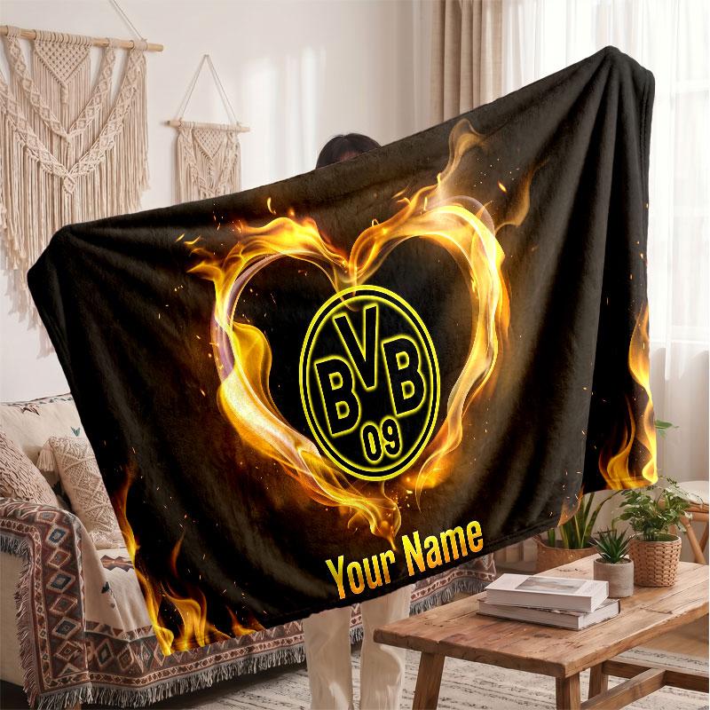 Coperta in Pile Personalizzata Borussia Dortmund con Logo Calcio, Testo Nome Personalizzato Morbida Calda Coperta da Divano per la Casa