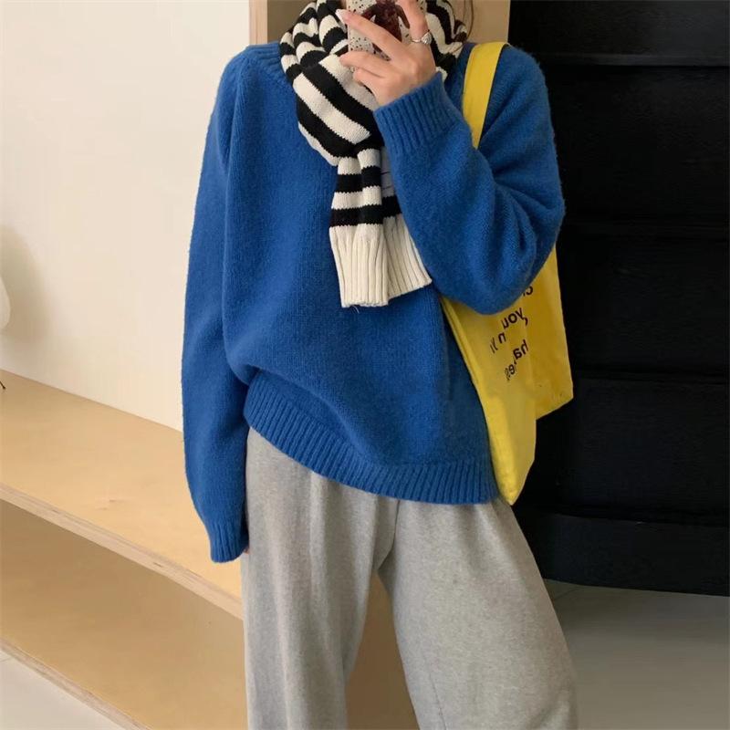 Women's Autumn Winter Loose Thick Sweater Tops Female O-neck Knitted Tops Ladies Solid Color Warm Pullovers