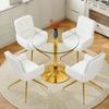 Table and Chair Collection: 85 Cm Diameter, Round Tempered Glass Table, Metal Support, with 4 White-Gold, 360 Degrees Swivel PU Dining Chairs.