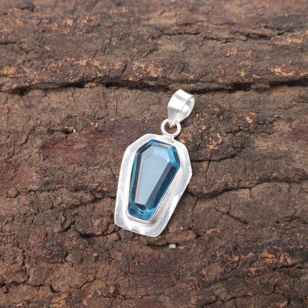 Coffin Swiss Blue Topaz Stone 925 Sterling Silver Sisters Day Birthday Pendant PP-53-8