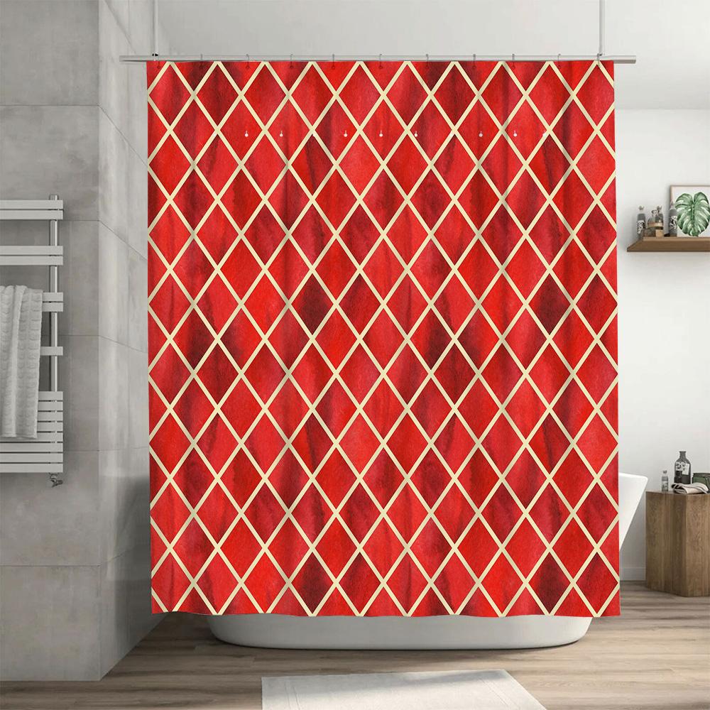 Modern Geometric Plaid Shower Curtain Waterproof Bath Rug Quick-Dry Fabric for Home Decor in Yellow White (180x240cm)