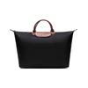 Le Pliage 45 Original Recyceltes Polyamid-Canvas und Große Rindsleder Reise-Tragetasche Damen Tragetasche Schwarz 1624089001