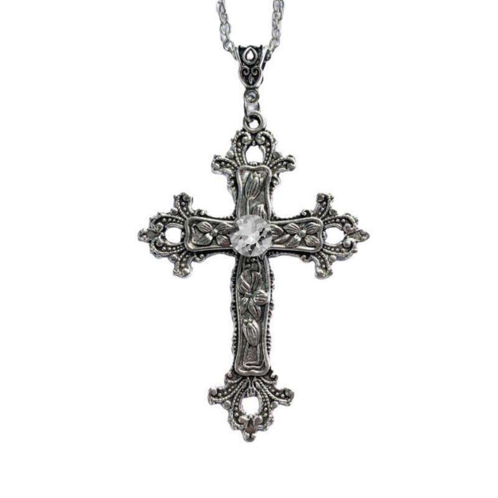Creative Flower Pattern Cross Diamond Necklace Goth