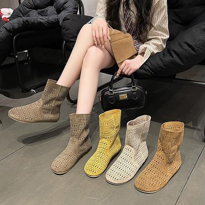Retro Hollow Net Boots, Hole Shoes, Leather Boots Are Popular 2025 New Summer Breathable and Versatile Flat-bottomed Roman Cool Boots