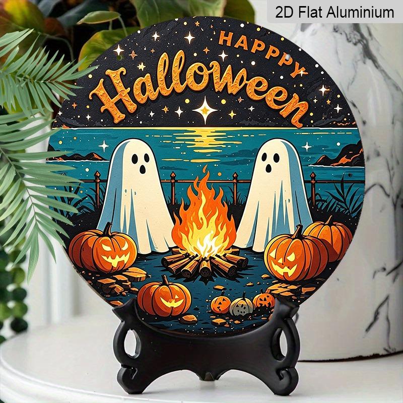 2D Flat, 1pc Decorative Plaques and Ornaments Sign, Round Aluminum Happy Halloween Coastal Ghost Hanging Plaque, Campfire Pumpkin Starry Farmhouse