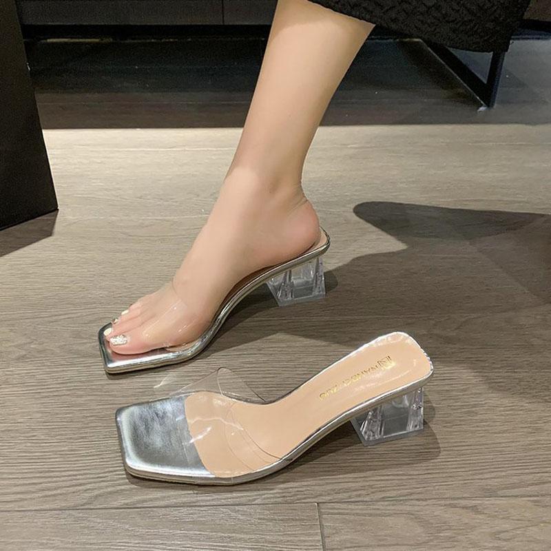 

High Heels Slippers Women Summer Square Toe Transparent Sandals Fashion Pumps Slides sandalias de mujer Large Size 35-42 WSH5071 42