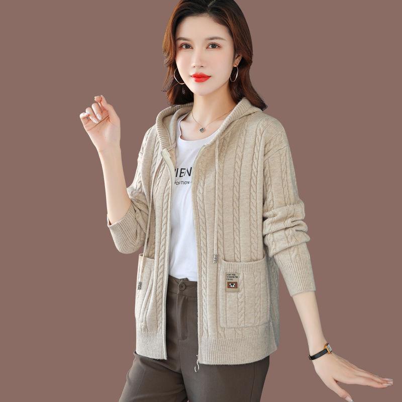 Women's Spring and Fall Short Knitted Jacket Female Middle-aged and Elderly Loose Thickened Knit Sweater Hooded Coat Blouse