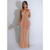 Women's Fashion Long Dress: Solid Color Mesh with Hot Drilling and Strappy Design