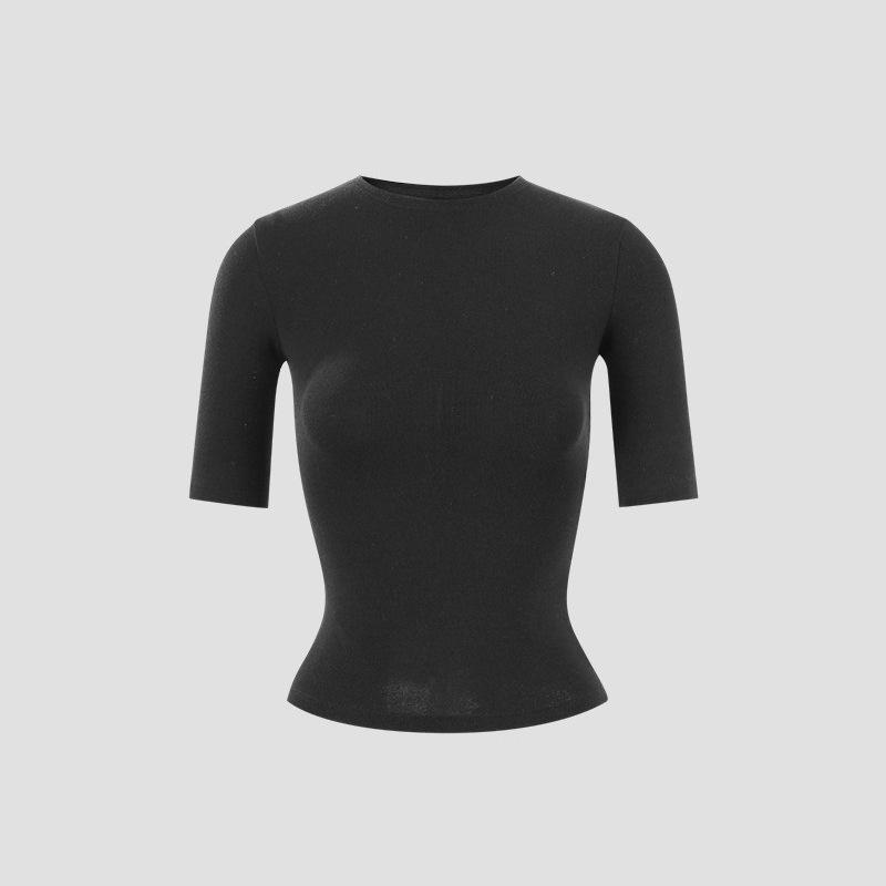 Spring and summer new waist and thin five-quarter-sleeved shoulder T-shirt slim-fit solid-color round neck short-sleeved multi-color top women