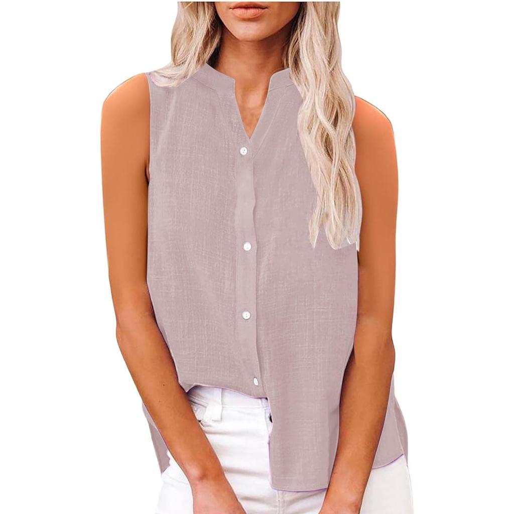 Damenmode Einfarbig Lässig Ärmellos Strickjacke Knopf Locker Baumwolle Leinen Hemd Top