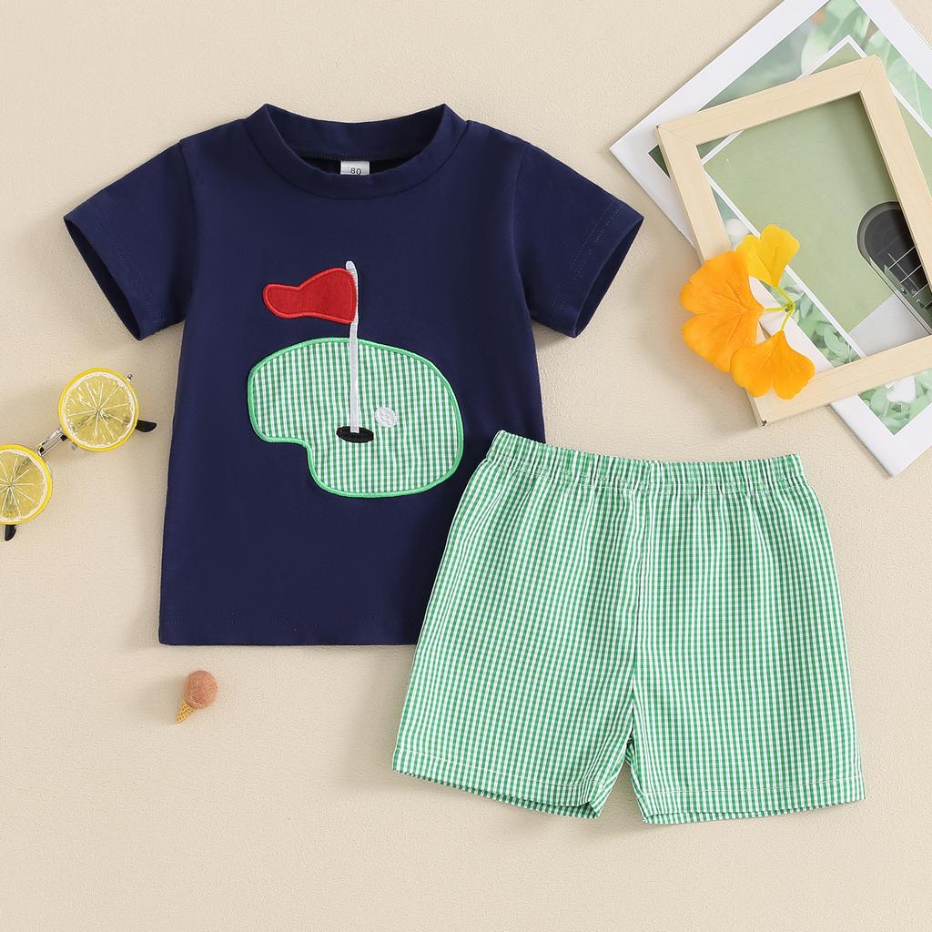 Toddler Boys Summer Outfits Golf Embroidered Round Neck Short Sleeve Tops and Elastic Waist Plaid Shorts 2Pcs Clothes Set