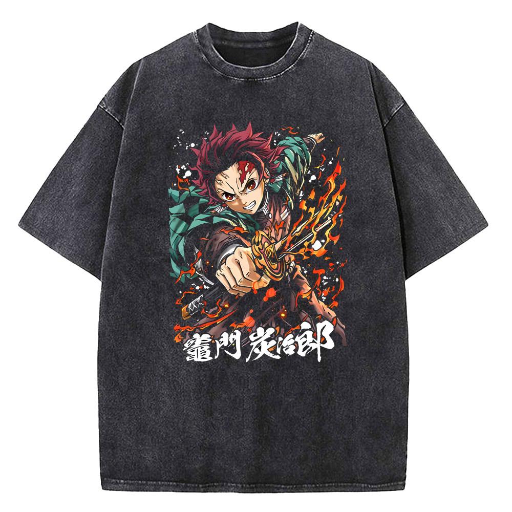 

Japanese Anime Demon Slayer Printed Washed Tshirt Men Manga Casual T-shirts Harajuku Male Cotton T Shirt Summer S