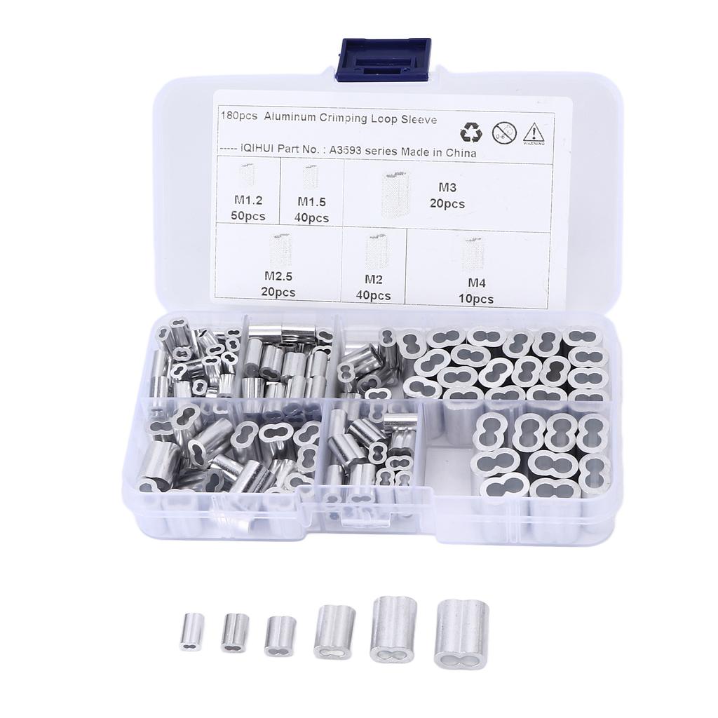 180pcs Crimping Loop Sleeve Kit 6‑Size Aluminum Double Barrel Ferrule Universal for Wire Rope Cable 