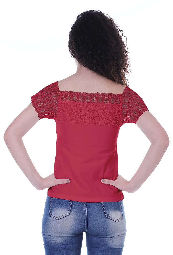 Moomaya Lace Sleeve Tops For Women Plain Boat Neck Tee Shirt