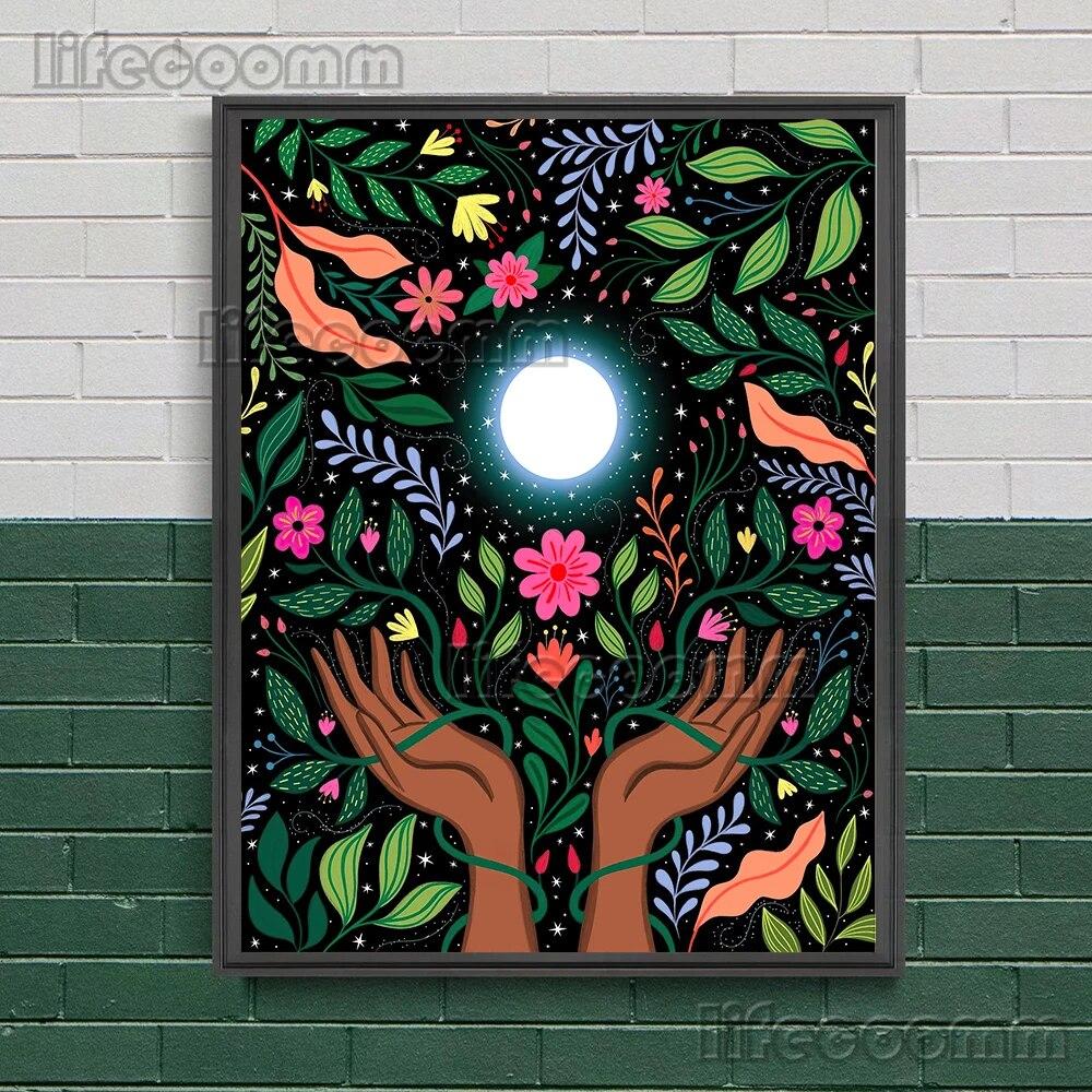 2023 księżycowa faza księżyca i magiczna ćma obraz ścienny na płótnie wąż, roślina, księżyc, elementy czarów plakat artystyczny dekoracja z nadrukiem bez ramki