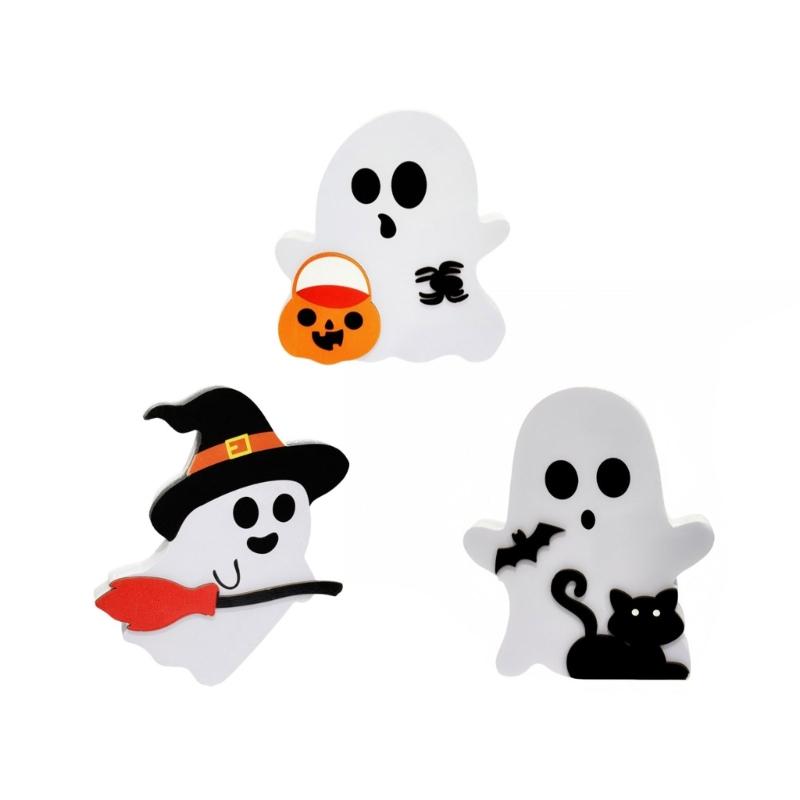 Festives Halloween Wood Ghostly, Black Cats Brooms Pumpkins Table Decorations Wood Tiered Tray Decoration Table Sign