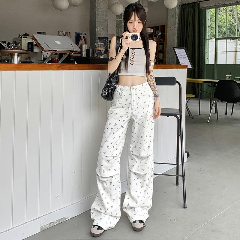 Off-white retro floral straight wide-leg jeans women's summer new American Spice Girl drawstring casual pants