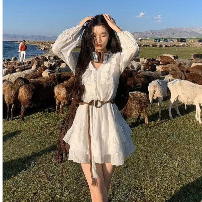 French White Long-sleeved Dress Children's Summer New Xinjiang Travel Vacation Style Wear Short Skirt Early Autumn