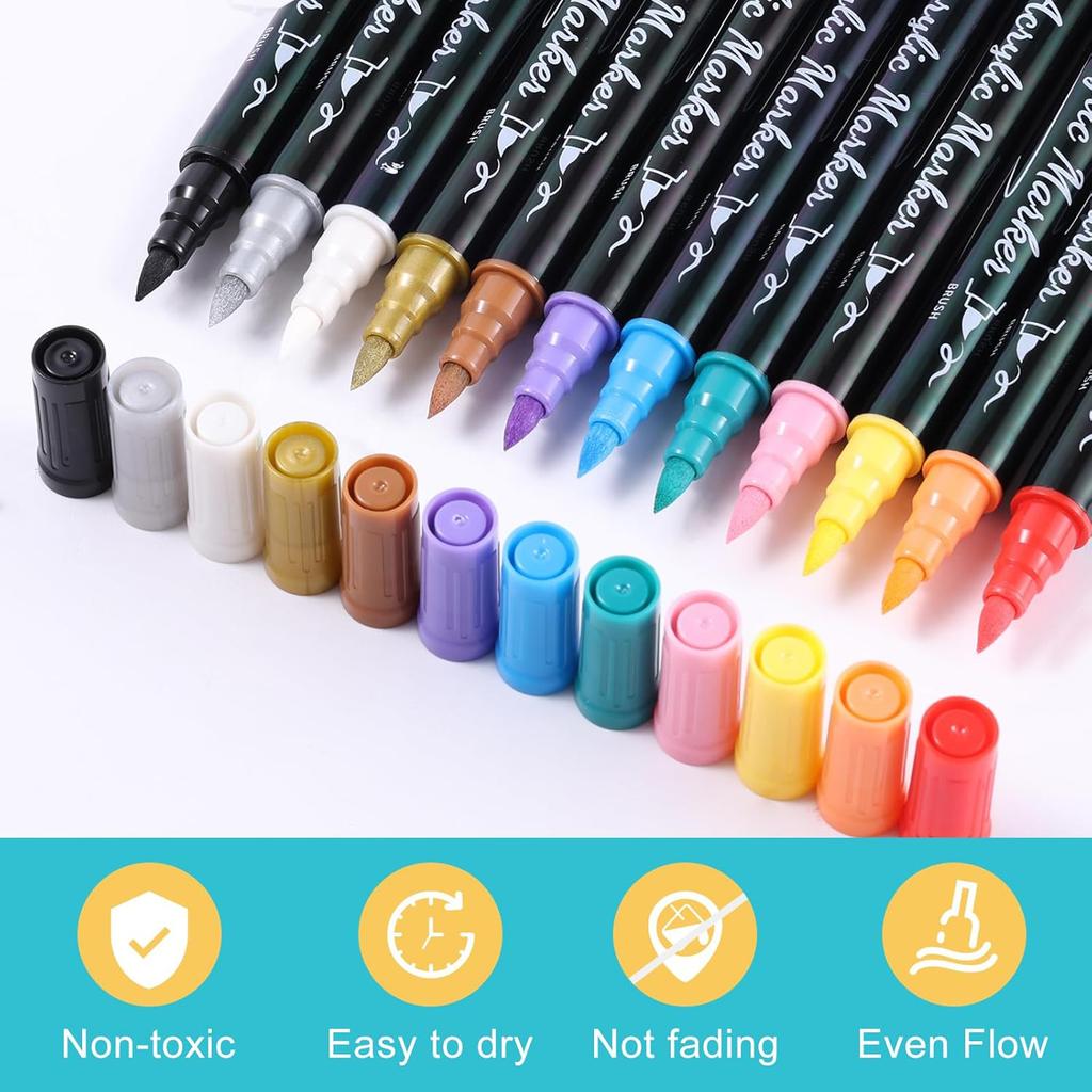 Acryl Verf Markers Waterdicht Dubbele Tip Acryl Verf Pennen met Kwast en Fijne Tip Markers Set voor Papier DIY Knutselprojecten Maken