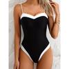 Women's One-Piece Swimsuit - Black & White Contrast Color Block, Thin Straps Backless Design, Summer Swimwear,Trendy Swimwear