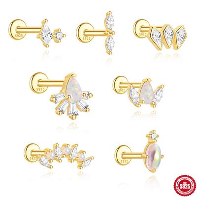 S925 Sterling Silver Fashion Water Drop Opal Horse Eye Flat Bottom Piercing Nails Women'S Universal Earbone Stud Earrings