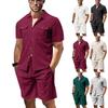 Verão Casual Masculino Waffle Cor Sólida Cardigan Bolso Duplo Camisa de Manga Curta Diária Conjunto de Shorts