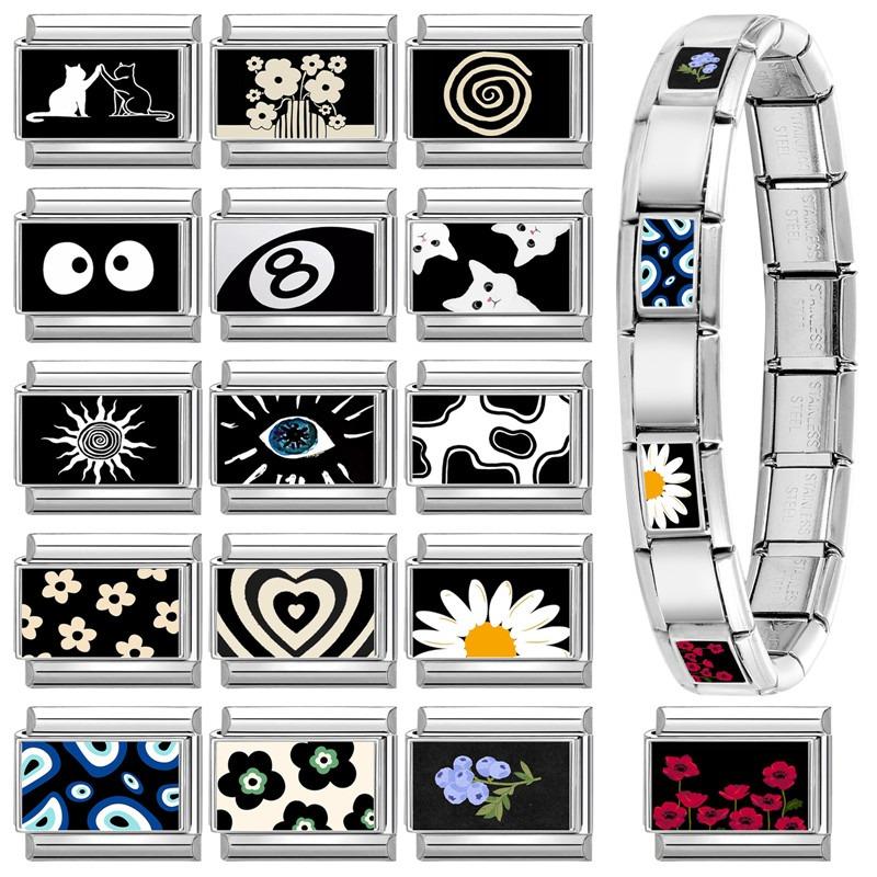 Neue Black Series NO.8 Ballaugen Blume Katze Italienische Glieder Anhänger Passend für 9mm Edelstahl Geschenk Modulares Armband Schmuckherstellung
