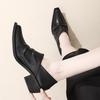 Small Leather Shoes Black New Square Head Pleated Wizard Shoes Washed Soft Leather Thick Heel Deep Mouth Single Shoes