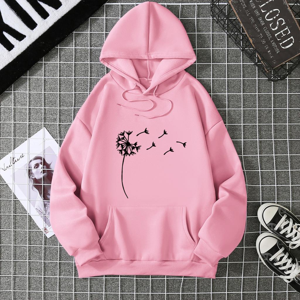Women's Fleece Sweater Plant Print Kangaroo Pocket Drawstring Print Hoodie