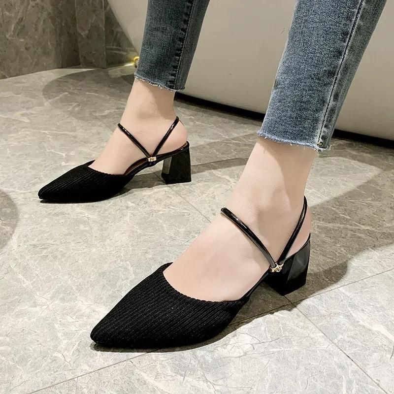 Fashion 2024 New Summer Sandalias De Mujer Casual Pointed Toe Thick High Heel Two-wear Mules Slippers Solid Color Half Slides Shoes