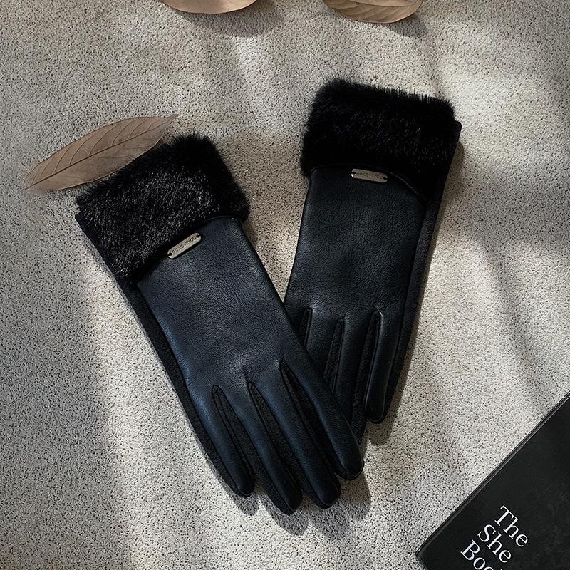 Женские перчатки из ПУ кожи на зиму 2026 года, с ощущением высокого качества и толстым плюшевым мехом one size for all