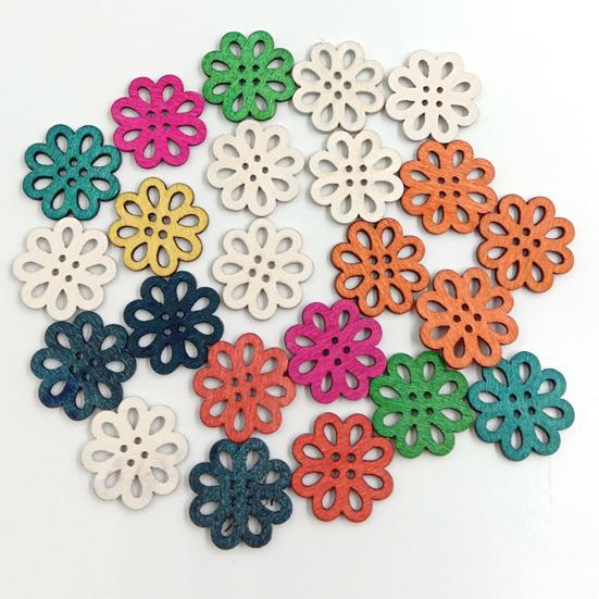 100 ks Dřevěných Retro Knoflíků s Chrizantémou 4 Dírky DIY Šití Scrapbooking Řemesla