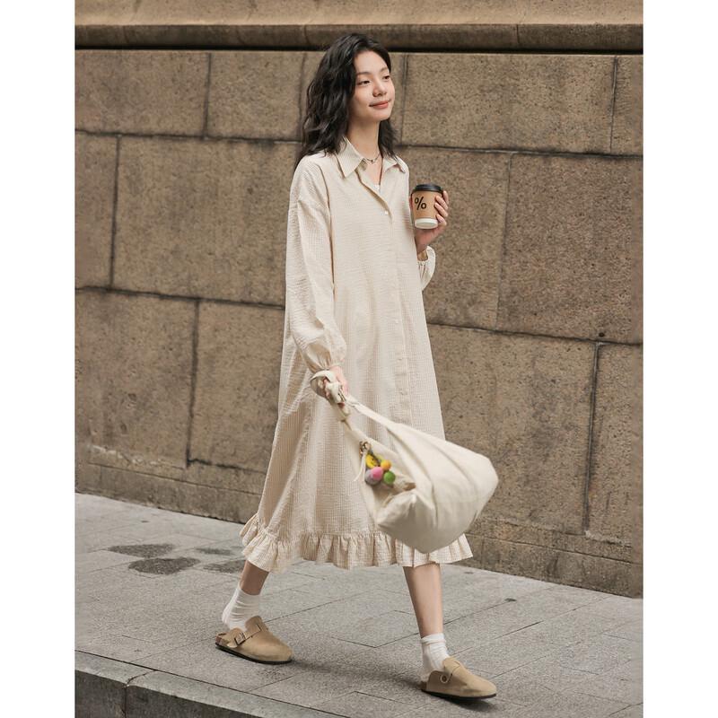Demana Women's Spring Ruffle Edge Pure Cotton Shirt Dress