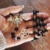 Buddhist Beads Necklace with Gothic Silver Bat and Pentagram Pendants