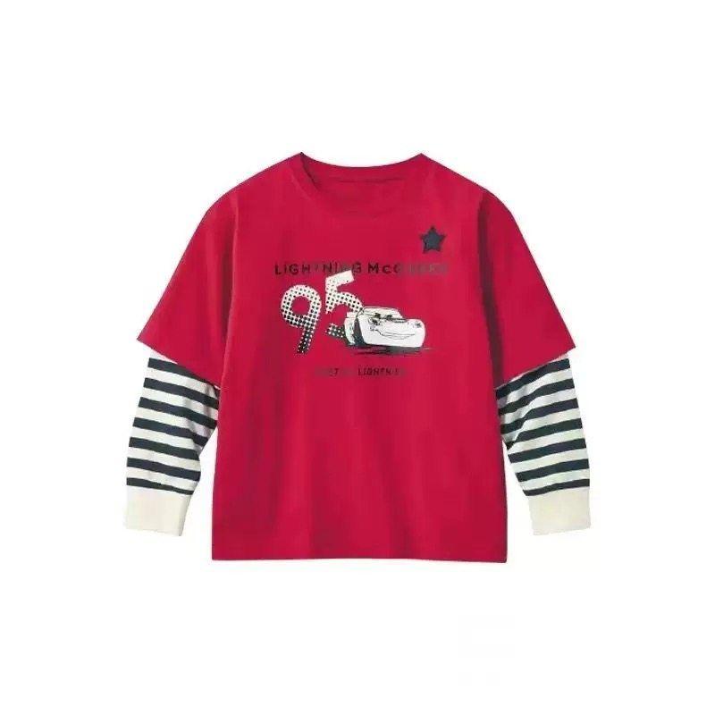 Boys  Long-Sleeved T-Shirt Spring and Autumn Pure Cotton Children s Fake Two-Piece Top Little Boy Cartoon Car T-Shirt Children s Clothing Top Red 90