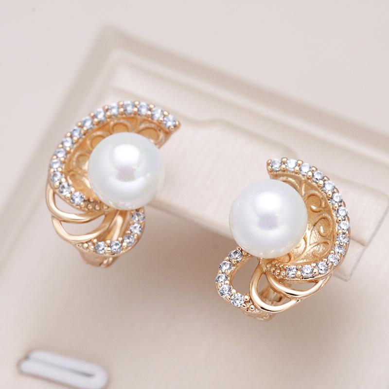 New Round Pearl Dangle Earrings For Women  Rose Gold Color Flower Ethnic Bride Earrings Lovely Fashion Daily Jewelry