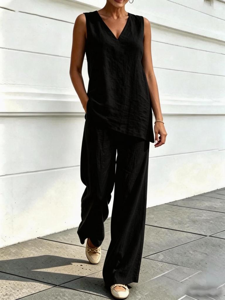 European and American Women's Casual V-neck Sleeveless Bamboo Hemp Top and Wide-leg Pants Two-piece Set