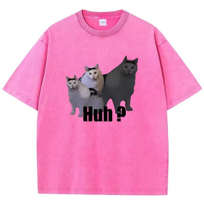 T Shirt Vintage Washed Cotton T-Shirt Black Cat Saying Huh? Graphic Tee Casual Streetwear Spring Summer Fall