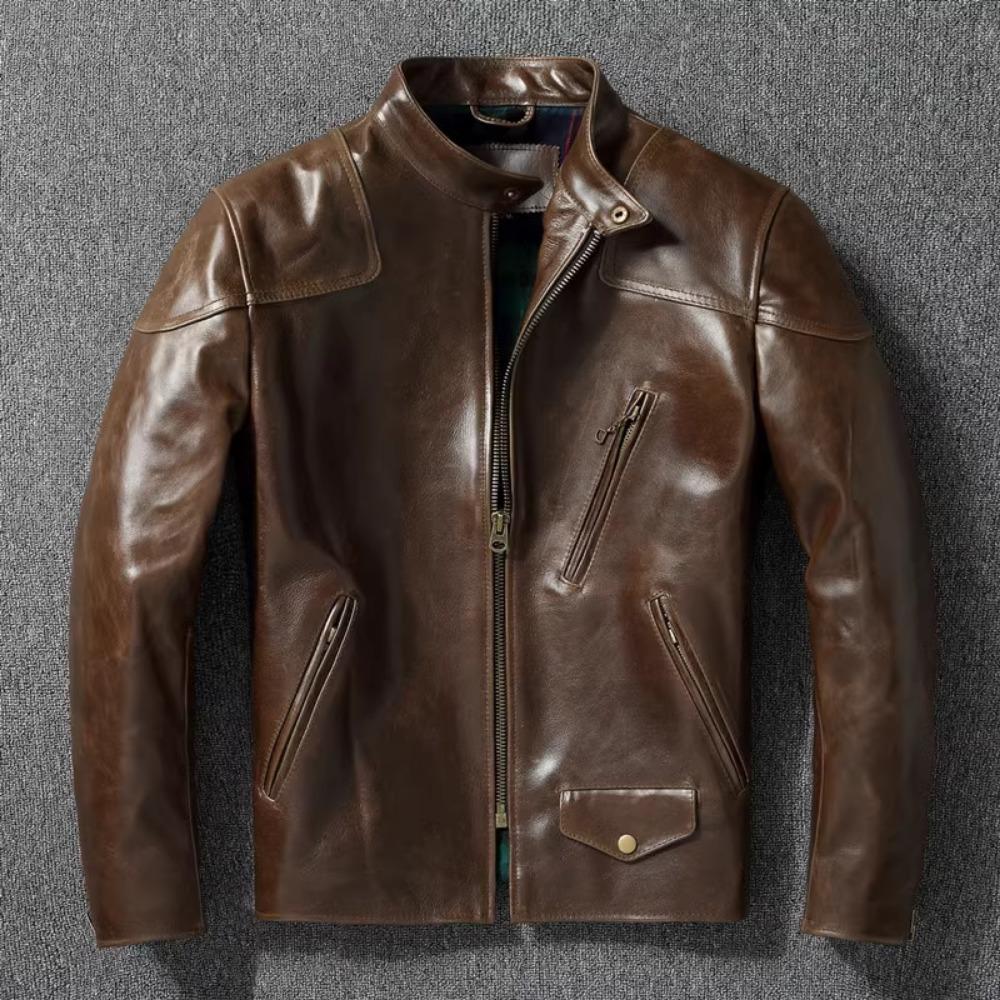Chinese Size Style RL Top Layer Oil Waxed Cowhide Real Leather Jacket Men Stand Collar Brown Coat Men's Biker Jacket Spring Autumn