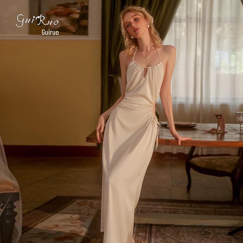 Guiruo Ice Silk Backless Nightdress – Sexy Halterneck Solid Color Pajamas for Spring and Summer (Q2750)