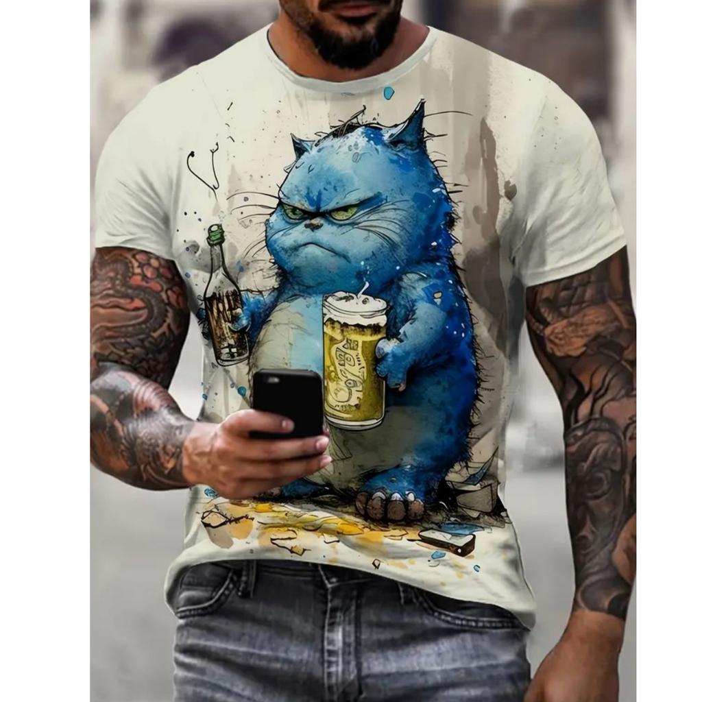 Summer Men's T Shirt Short Sleeve Animal Print Casual O-Neck Oversized Pullover Fashion Streetwear Male Clothing Cat T-Shirts