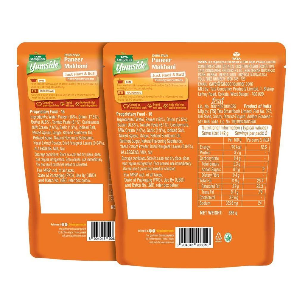 Tata Sampann Yumside Delhi Style Paneer Makhani | Ready To Eat Meal | Heat In 60 Secs I Serves 4 Pax | Pack of 2 | 285g X 2