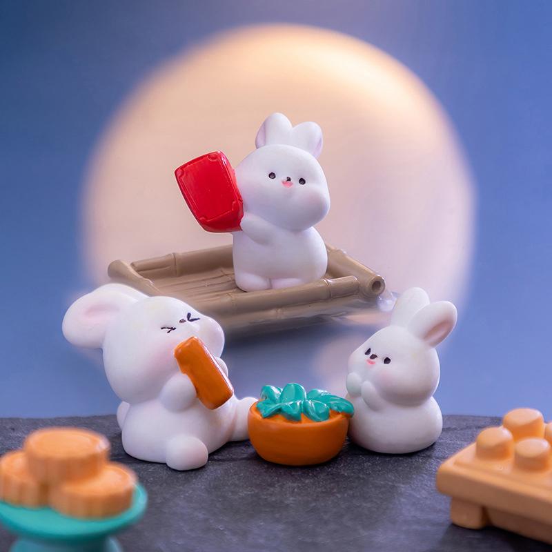 Mini Cute Mooncake Rabbit Ornament Cartoon Bunny Micro Landscape Dollhouse Model Car Interior Mid-Autumn Festival Decoration
