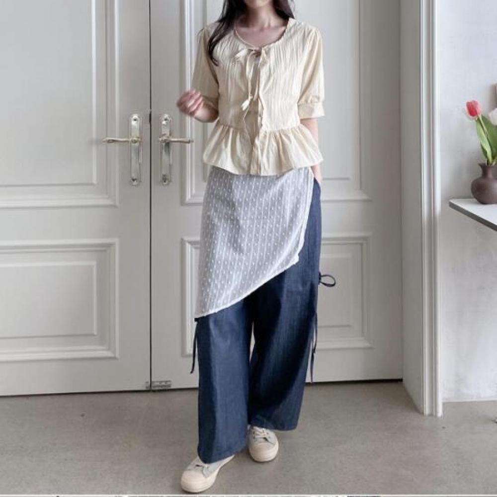 New Arrivals Open Run Ballet Core Ribbon Blouse Round Neck Front Slit Frill Can