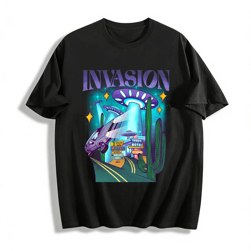 Retro Alien Invasion Motel Graphic Casual Short Sleeve Tee Pure cotton T-shirt XXS