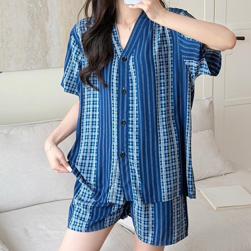 New Artificial Cotton and Silk Short-sleeved Shorts Summer Pajamas Women's Sweet Cardigan Casual Loungewear