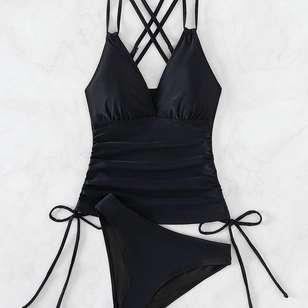 2024 European & American Solid Color Tankini with Spaghetti Straps - Women's Conservative Split Bikini Swimwear