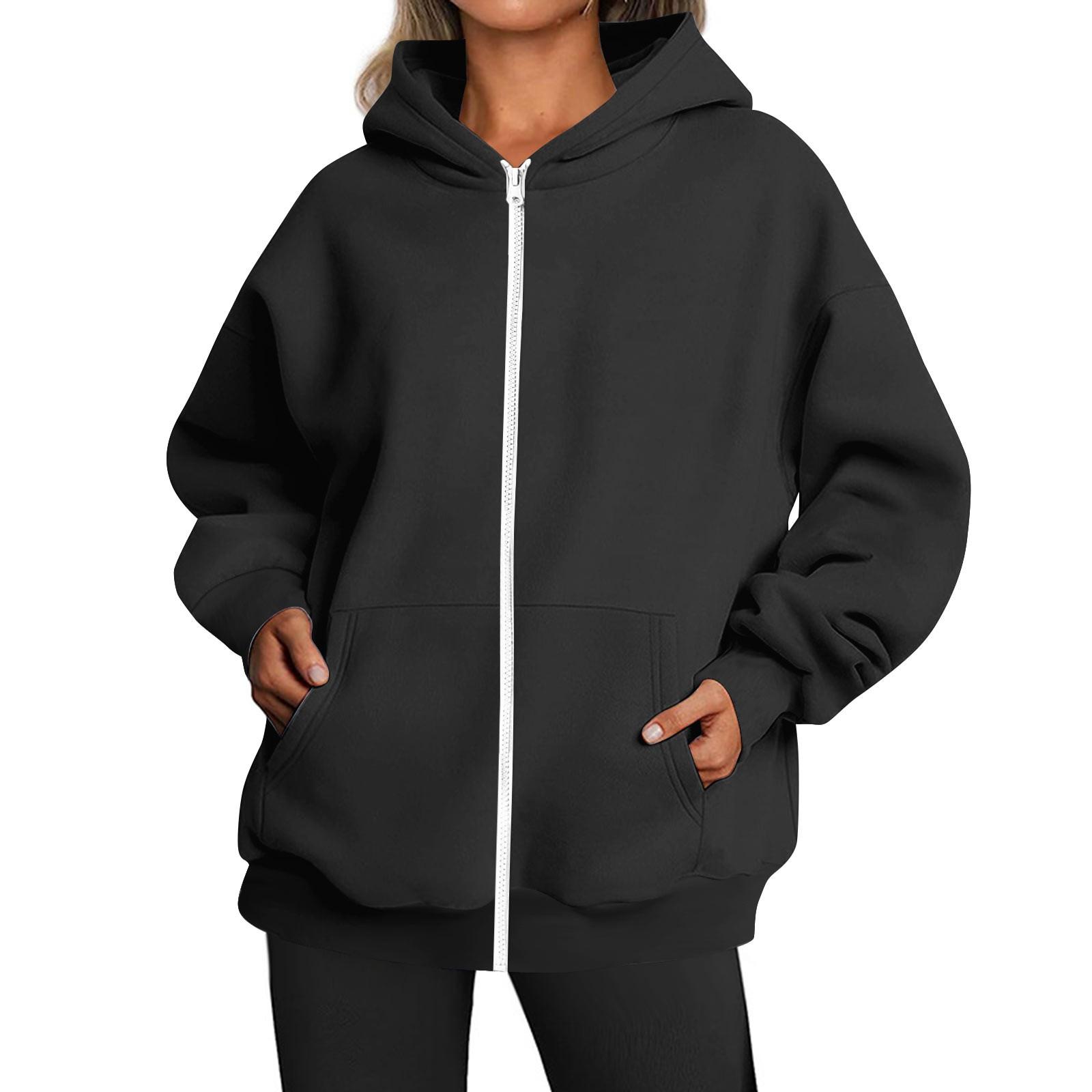 

Женское модное свободное повседневное повседневное однотонное пальто с капюшоном и молнией с длинными рукавами M чёрный