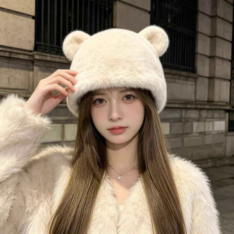 New Internet Celebrity Hat Female Autumn and Winter Mink Fashion Versatile Plush Cute Bear Ears Show Face Small Bucket Hat