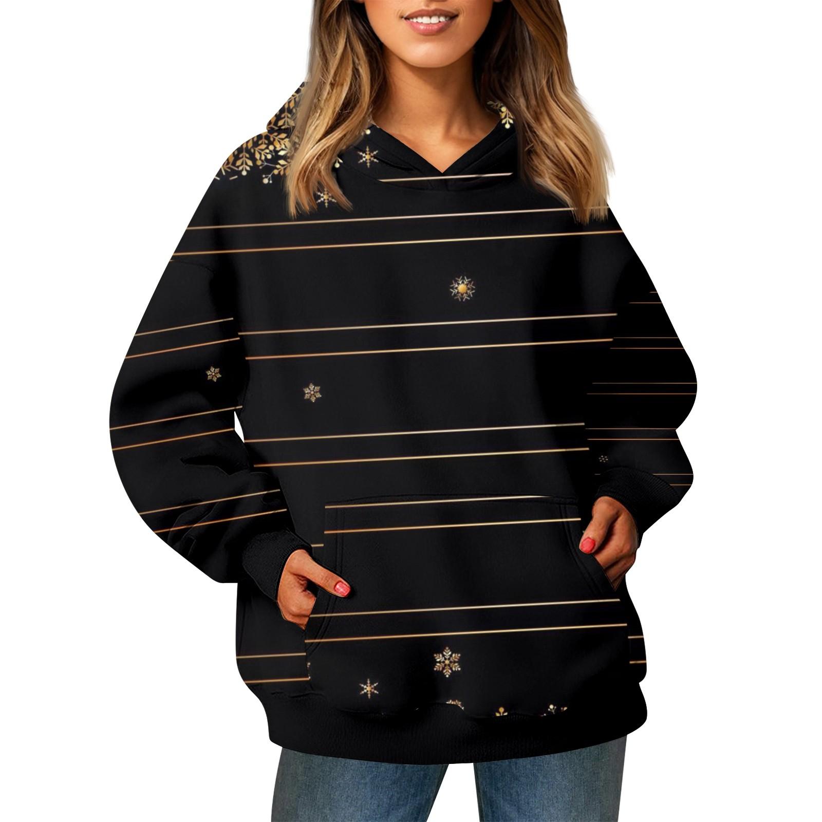 

Женский модный свитер с длинными рукавами и рождественским принтом, с капюшоном и карманом S чёрный
